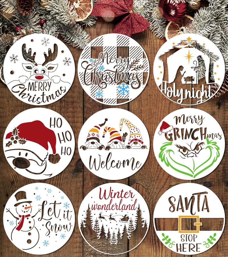 BANBBUR 9 Pcs Christmas Stencils Reusable, 12X12 Inch Round Large Christmas Stencils for Painting on Wood Sign Front Door Hanger Xmas Home Decor - Image 1